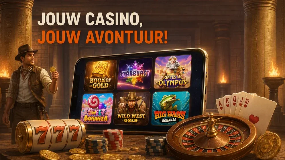 casinolobby met kleurrijke spellenkaarten en logo