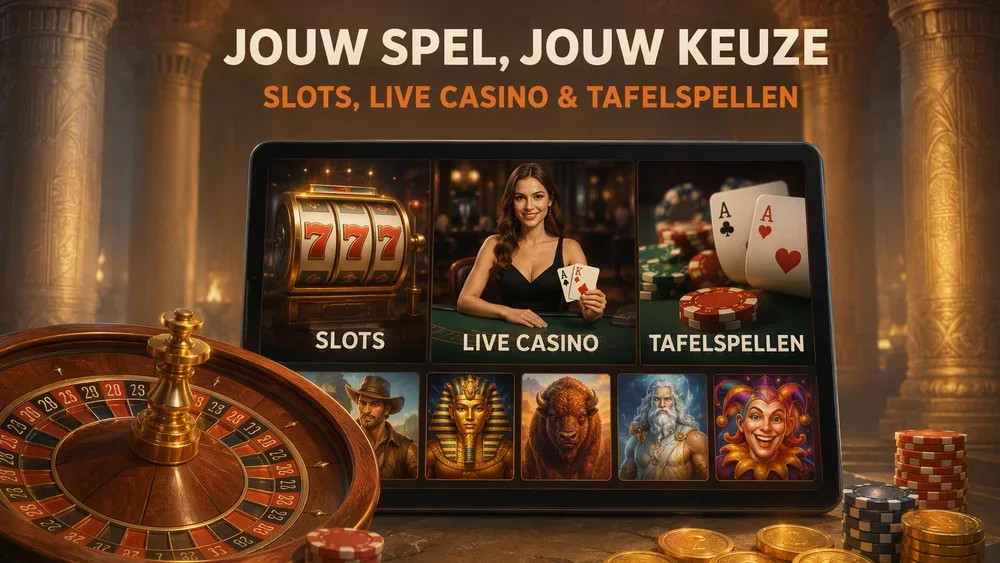 raster van gokkasten, live casino en tafelspellen op scherm